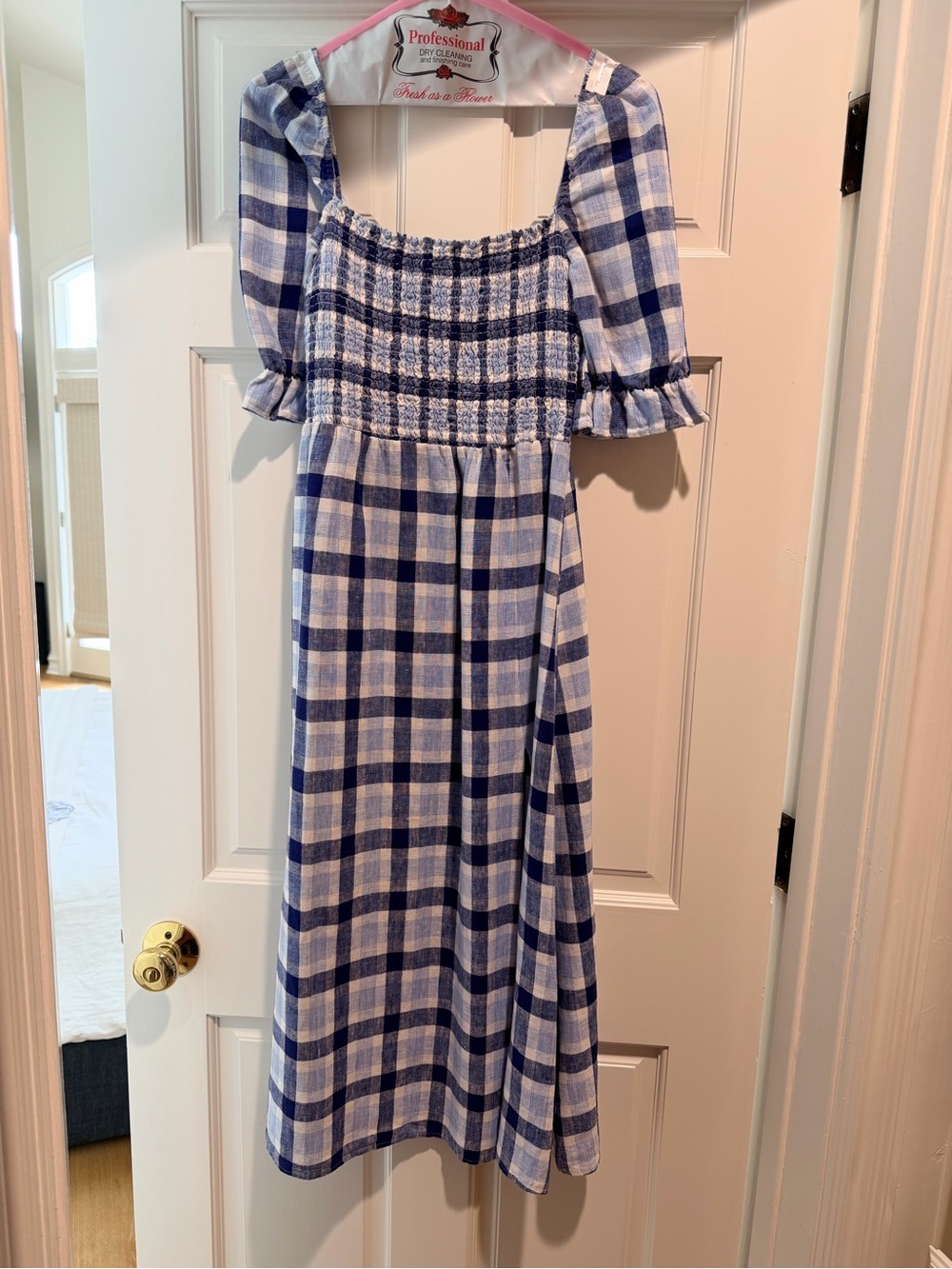 Reformation Blue and White Gingham Smocked midi dress with slit